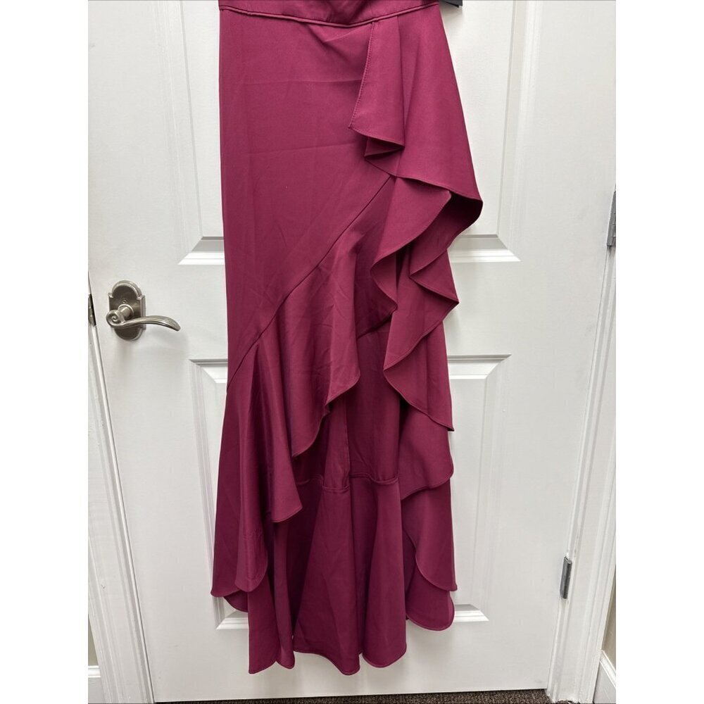 Mac Duggal Size 2 Berry 49089 One Shoulder Side Slit Ruffle Gown Dress  $358 New - Picture 8 of 12